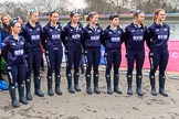 The Cancer Research UK Women's Boat Race 2018: The Oxford Blue Boat crew after the toss - cox Jessica Buck, stroke Beth Bridgman, 7 Abigail Killen, 6	Sara Kushma, 5 Morgan McGovern, 4 Alice Roberts, 3 Juliette Perry, bow Renée Koolschijn.
River Thames between Putney Bridge and Mortlake,
London SW15,

United Kingdom,
on 24 March 2018 at 14:41, image #51