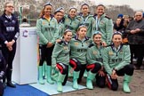 The Cancer Research UK Women's Boat Race 2018: The Cambridge crew with the Women's Boat Race trophy at the toss - president Daphne Martschenko (rowing in the reserve boat), cox Sophie Shapter, 6 Alice White, 7 Myriam Goudet-Boukhatmi, stroke Olivia Coffey, and in the second row 2 seat Imogen Grant, 3 Kelsey Barolak, 4 Thea Zabell, and 5 Paula Wesselmann. On the left Oxford president Katherine Erickson.
River Thames between Putney Bridge and Mortlake,
London SW15,

United Kingdom,
on 24 March 2018 at 14:42, image #54