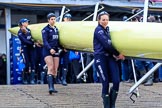 The Cancer Research UK Women's Boat Race 2018: The Oxford women carrying their boat from the boathouse to the river - in focus 4 seat Alice Roberts and 7 Abigail Killen.
River Thames between Putney Bridge and Mortlake,
London SW15,

United Kingdom,
on 24 March 2018 at 15:42, image #93