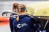 The Cancer Research UK Women's Boat Race 2018: The Oxford women carrying their boat from the boathouse to the river. here bow seat Renée Koolschijn.
River Thames between Putney Bridge and Mortlake,
London SW15,

United Kingdom,
on 24 March 2018 at 15:43, image #96
