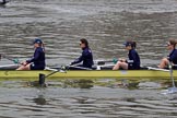 The Cancer Research UK Women's Boat Race 2018: Osiris, the Oxford reserve boat, here 6 seat Sanja Brolih, 5 Sarah Payne Riches, 4 Rachel Anderson, 3 Madeline Goss.
River Thames between Putney Bridge and Mortlake,
London SW15,

United Kingdom,
on 24 March 2018 at 16:02, image #136