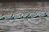 The Cancer Research UK Women's Boat Race 2018: The Cambridge reserve boat Blondie, here 6 seat Larkin Sayre, 5 Daphne Martschenko, 4 Laura Foster, 3 Anne Beenken, 2 Emma Andrews, and bow Pippa Dakin.
River Thames between Putney Bridge and Mortlake,
London SW15,

United Kingdom,
on 24 March 2018 at 16:03, image #139