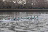 The Cancer Research UK Women's Boat Race 2018: The Cambridge reserve boat Blondie, with cox Sophie Wrixon, stroke Millie Perrin, 7 Lucy Pike, 6 Larkin Sayre, 5 Daphne Martschenko, 4 Laura Foster, 3 Anne Beenken, 2 Emma Andrews, and bow Pippa Dakin.
River Thames between Putney Bridge and Mortlake,
London SW15,

United Kingdom,
on 24 March 2018 at 16:03, image #140