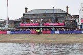 The Cancer Research UK Women's Boat Race 2018: The Thames RC boathouse, used as press office on race day. with a BBC crew and presenter Clare Balding on the balcony before the race.
River Thames between Putney Bridge and Mortlake,
London SW15,

United Kingdom,
on 24 March 2018 at 16:09, image #141