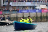 The Cancer Research UK Women's Boat Race 2018: One of the two stake boats at the start line near Putney Bridge.
River Thames between Putney Bridge and Mortlake,
London SW15,

United Kingdom,
on 24 March 2018 at 16:23, image #152