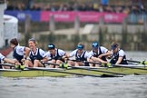 The Cancer Research UK Women's Boat Race 2018: The Oxford Blue Boat, getting ready for the start of the race - 6 Sara Kushma, 5 Morgan McGovern, 4 Alice Roberts, 3 Juliette Perry, 2 Katherine Erickson, bow Renée Koolschijn.
River Thames between Putney Bridge and Mortlake,
London SW15,

United Kingdom,
on 24 March 2018 at 16:28, image #156