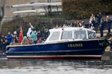 The Cancer Research UK Women's Boat Race 2018: Chasnee, an ex-Police Boat which formed part of the Metropolitan Police’s Thames Division, here used by the finish line judge.
River Thames between Putney Bridge and Mortlake,
London SW15,

United Kingdom,
on 24 March 2018 at 16:50, image #218