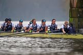 The Cancer Research UK Women's Boat Race 2018: The Oxford women passing the second line as second - bow Renée Koolschijn, 2 Katherine Erickson, 3 Juliette Perry, 4 Alice Roberts, 5 Morgan McGovern, 6 Sara Kushma, 7 Abigail Killen, stroke Beth Bridgman, cox Jessica Buck.
River Thames between Putney Bridge and Mortlake,
London SW15,

United Kingdom,
on 24 March 2018 at 16:51, image #220