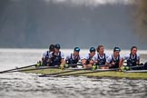 The Cancer Research UK Women's Boat Race 2018: The Oxford women passing the second line as second - bow Renée Koolschijn, 2 Katherine Erickson, 3 Juliette Perry, 4 Alice Roberts, 5 Morgan McGovern, 6 Sara Kushma, 7 Abigail Killen, stroke Beth Bridgman, cox Jessica Buck.
River Thames between Putney Bridge and Mortlake,
London SW15,

United Kingdom,
on 24 March 2018 at 16:51, image #221