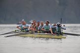 The Cancer Research UK Women's Boat Race 2018: The Cambridge women celebrating their win - bow Tricia Smith, 2 Imogen Grant, 3 Kelsey Barolak, 4 Thea Zabell, 5 Paula Wesselmann, 6 Alice White, 7 Myriam Goudet-Boukhatmi, stroke Olivia Coffey, cox Sophie Shapter.
River Thames between Putney Bridge and Mortlake,
London SW15,

United Kingdom,
on 24 March 2018 at 16:51, image #222
