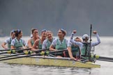 The Cancer Research UK Women's Boat Race 2018: The Cambridge women celebrating their win - bow Tricia Smith, 2 Imogen Grant, 3 Kelsey Barolak, 4 Thea Zabell, 5 Paula Wesselmann, 6 Alice White, 7 Myriam Goudet-Boukhatmi, stroke Olivia Coffey, cox Sophie Shapter.
River Thames between Putney Bridge and Mortlake,
London SW15,

United Kingdom,
on 24 March 2018 at 16:51, image #223
