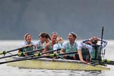 The Cancer Research UK Women's Boat Race 2018: The Cambridge women celebrating their win - bow Tricia Smith, 2 Imogen Grant, 3 Kelsey Barolak, 4 Thea Zabell, 5 Paula Wesselmann, 6 Alice White, 7 Myriam Goudet-Boukhatmi, stroke Olivia Coffey, cox Sophie Shapter.
River Thames between Putney Bridge and Mortlake,
London SW15,

United Kingdom,
on 24 March 2018 at 16:51, image #224