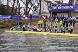The Cancer Research UK Women's Boat Race 2018: The Cambridge women. having won the 2018 Women's Boat Race, arrive at Mortlake Boat Club.
River Thames between Putney Bridge and Mortlake,
London SW15,

United Kingdom,
on 24 March 2018 at 16:55, image #226