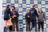 The Cancer Research UK Women's Boat Race 2018: Conratulations for the runners-up of the Women's Boat Race, Oxford 2 seat Katherine Erickson with Sir Harpal Kumar, and Oxford bow Renée Koolschijn with Fergus Murison.
River Thames between Putney Bridge and Mortlake,
London SW15,

United Kingdom,
on 24 March 2018 at 17:05, image #236