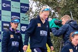 The Cancer Research UK Women's Boat Race 2018: Stepping down from the podium after the race - Oxford' s cox Jessica Buck, stroke Beth Bridgman, 7 seat Abigail Killen.
River Thames between Putney Bridge and Mortlake,
London SW15,

United Kingdom,
on 24 March 2018 at 17:05, image #245