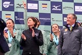 The Cancer Research UK Women's Boat Race 2018: The Women's Boat race presentation - Cambridge stroke Ollivia Coffey, Newton Investment CEO Hanneke Smits, hidden behind her 7 seat Myriam Goudet-Boukhatmi, 6 then Alice White, and Boat Race Company director Fergus Murison.
River Thames between Putney Bridge and Mortlake,
London SW15,

United Kingdom,
on 24 March 2018 at 17:07, image #264