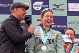 The Cancer Research UK Women's Boat Race 2018: BBC Sport presenter Jason Mohammad interviewing Cambridge 7 seat Myriam Goudet-Boukhatmi.
River Thames between Putney Bridge and Mortlake,
London SW15,

United Kingdom,
on 24 March 2018 at 17:08, image #272
