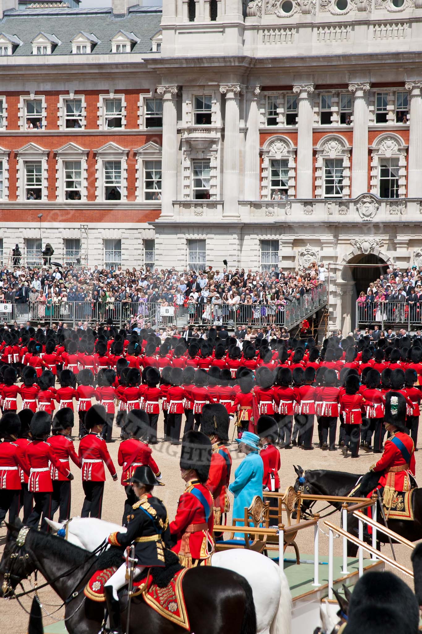 Trooping the Colour 2009: The March Past - foot guards divisions marching past Her Majesty, standing with the Duke of Edinburg on the saluting base. To their left and right the Royal Colonels..
Horse Guards Parade, Westminster,
London SW1,

United Kingdom,
on 13 June 2009 at 11:49, image #223