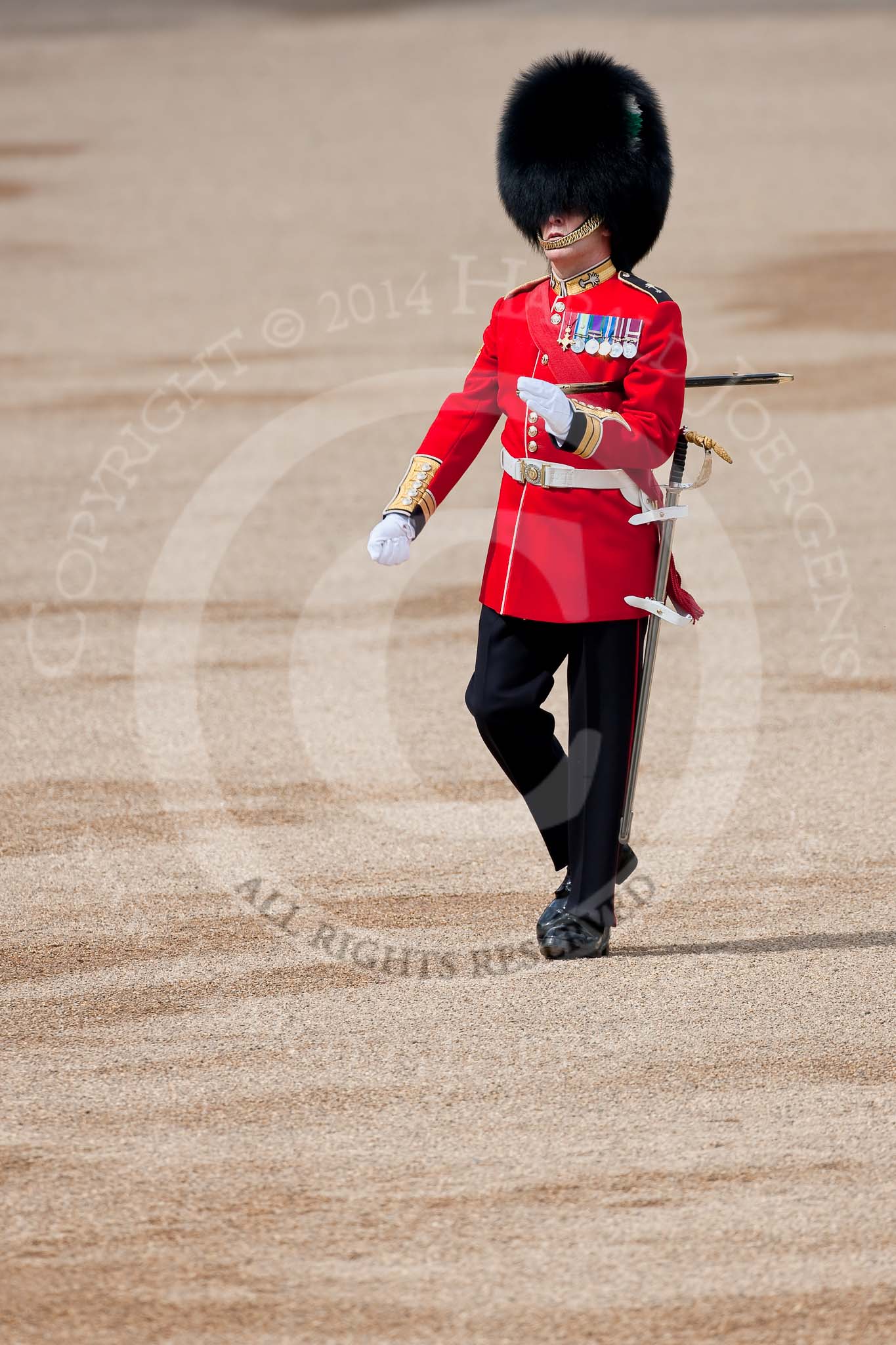 Trooping the Colour 2009: WO1 (GSM) W D G 'Billy' Mott OBE, Welsh Guards, inspecting the parade ground..
Horse Guards Parade, Westminster,
London SW1,

United Kingdom,
on 13 June 2009 at 10:14, image #28