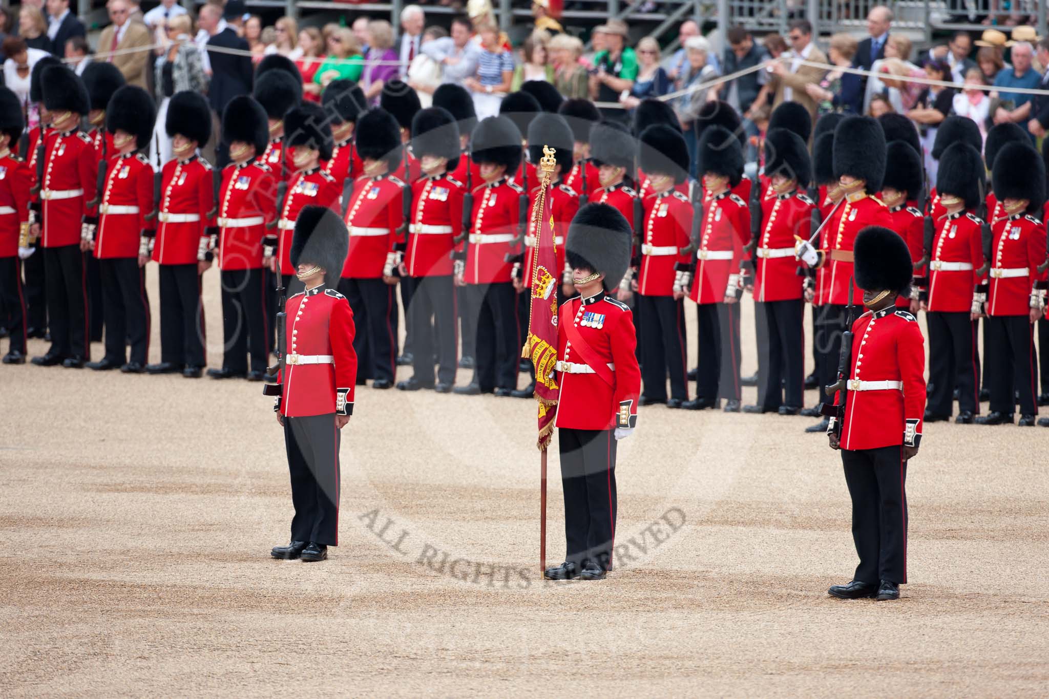 Trooping the Colour 2009: The Colour Party, protecting the Colour: With the flag, Colour Sergeant Steve O'Stevenson, the sentry on the left, Guardsman Michael Plasky, and on the right - didn't get his name properly from the BBC commentary, help appreciated!.
Horse Guards Parade, Westminster,
London SW1,

United Kingdom,
on 13 June 2009 at 10:42, image #78