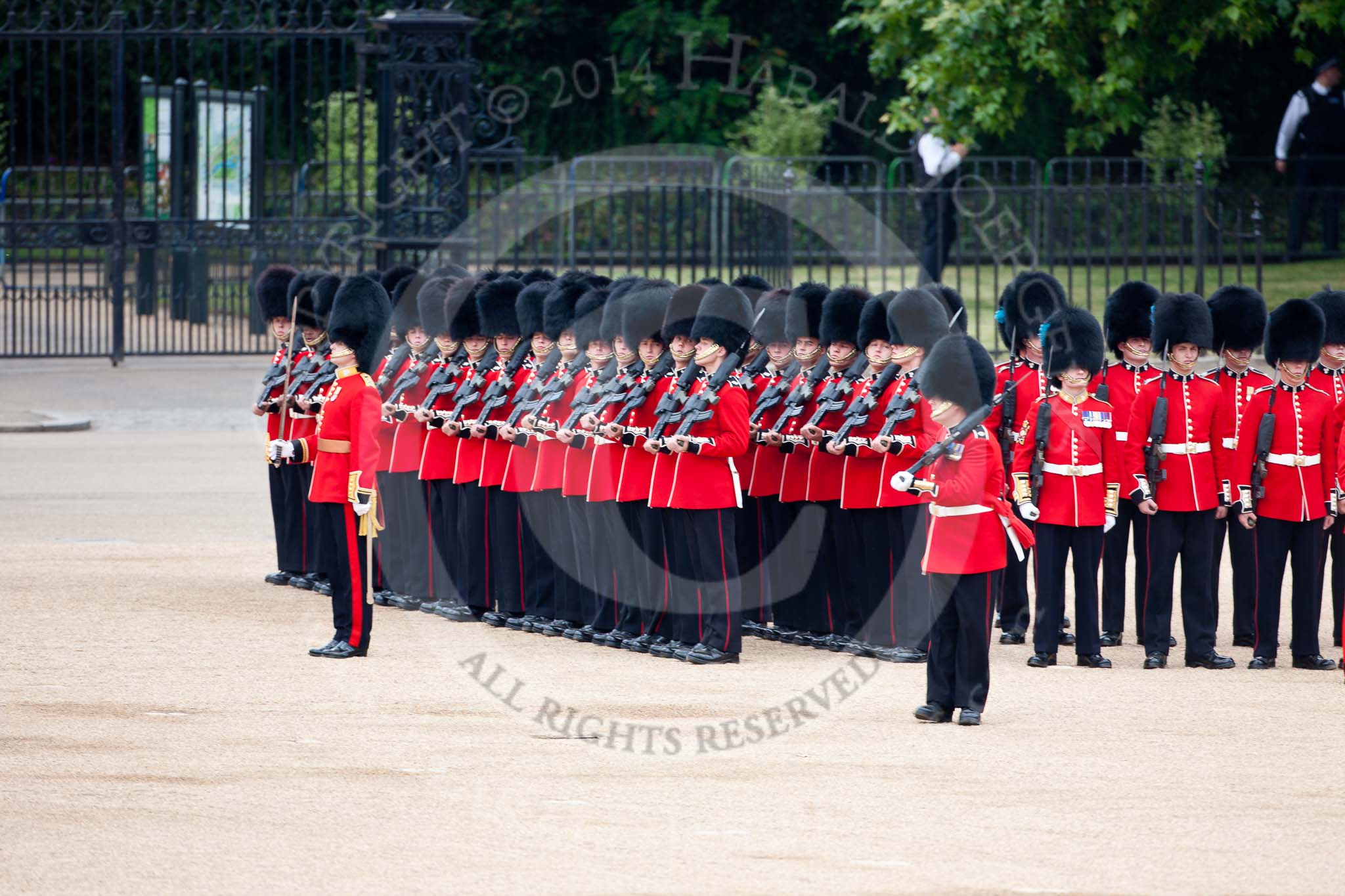 Trooping the Colour 2009: No. 3 Guard, 1st Battalion Irish Guards has opened ranks to give way for the Royal Procession..
Horse Guards Parade, Westminster,
London SW1,

United Kingdom,
on 13 June 2009 at 10:43, image #83