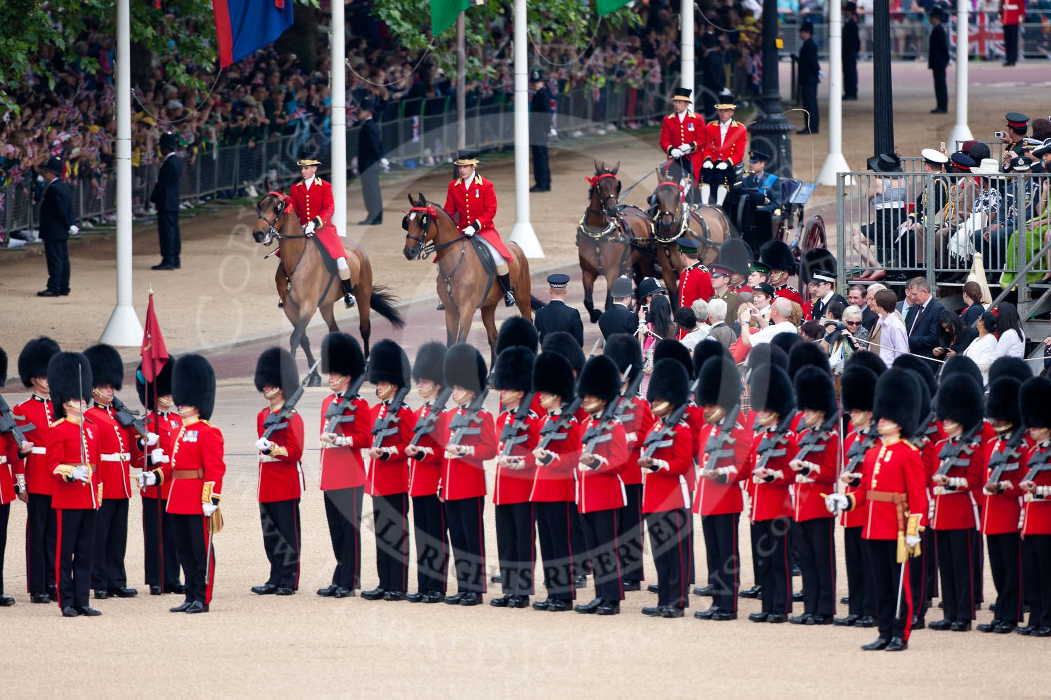 Trooping the Colour 2009: The first of the two barouche carriages bringing members of the Royal Family approaches Horse Guards Parade. Here just visible HRH Prince William..
Horse Guards Parade, Westminster,
London SW1,

United Kingdom,
on 13 June 2009 at 10:47, image #89