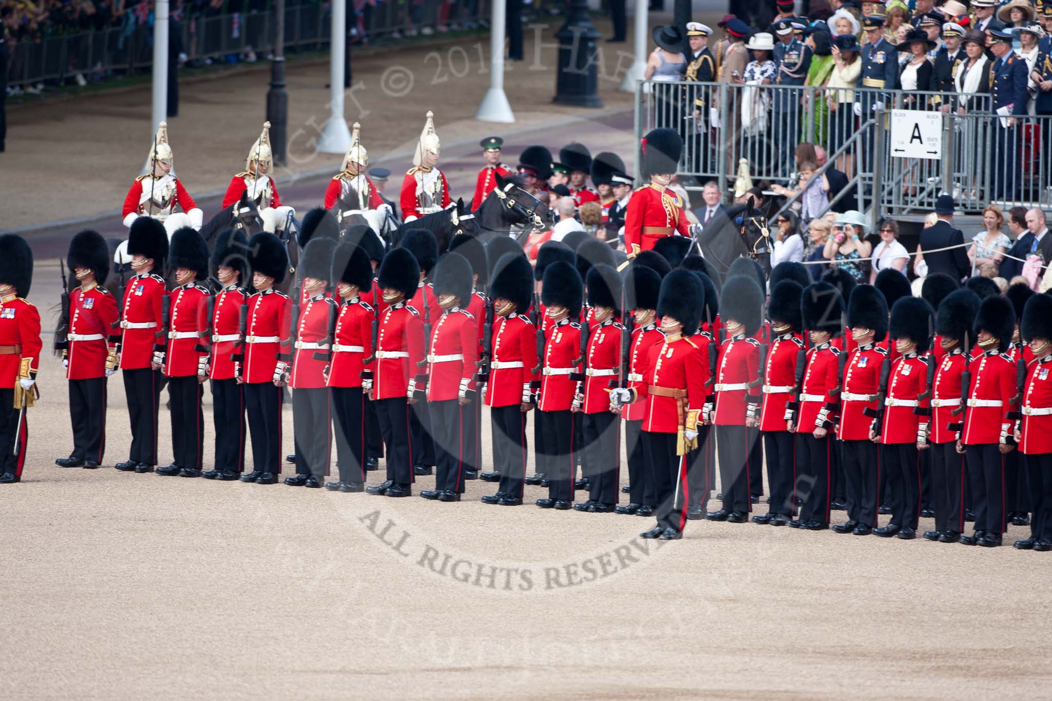 Trooping the Colour 2009: Leading the Royal Procession, the Brigade Major Household Division, Lieutenant Colonel Jeremy Bagshaw, followed by four Troopers of The Life Guards, arrives on Horse Guards Parade, here passing No. 6 Guard..
Horse Guards Parade, Westminster,
London SW1,

United Kingdom,
on 13 June 2009 at 10:54, image #104