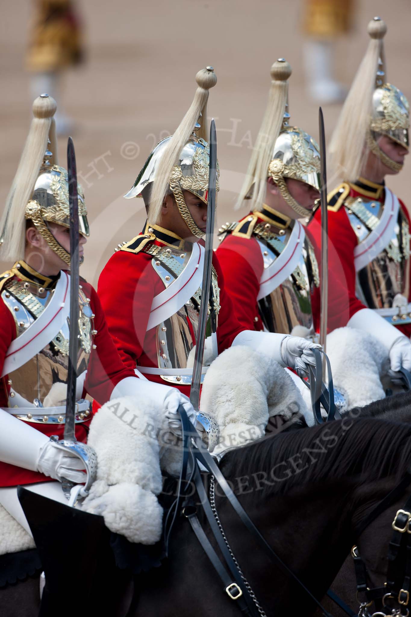 Trooping the Colour 2009: The four Troopers of The Life Guards that lead the Royal Procession, with their drawn swords..
Horse Guards Parade, Westminster,
London SW1,

United Kingdom,
on 13 June 2009 at 10:56, image #118