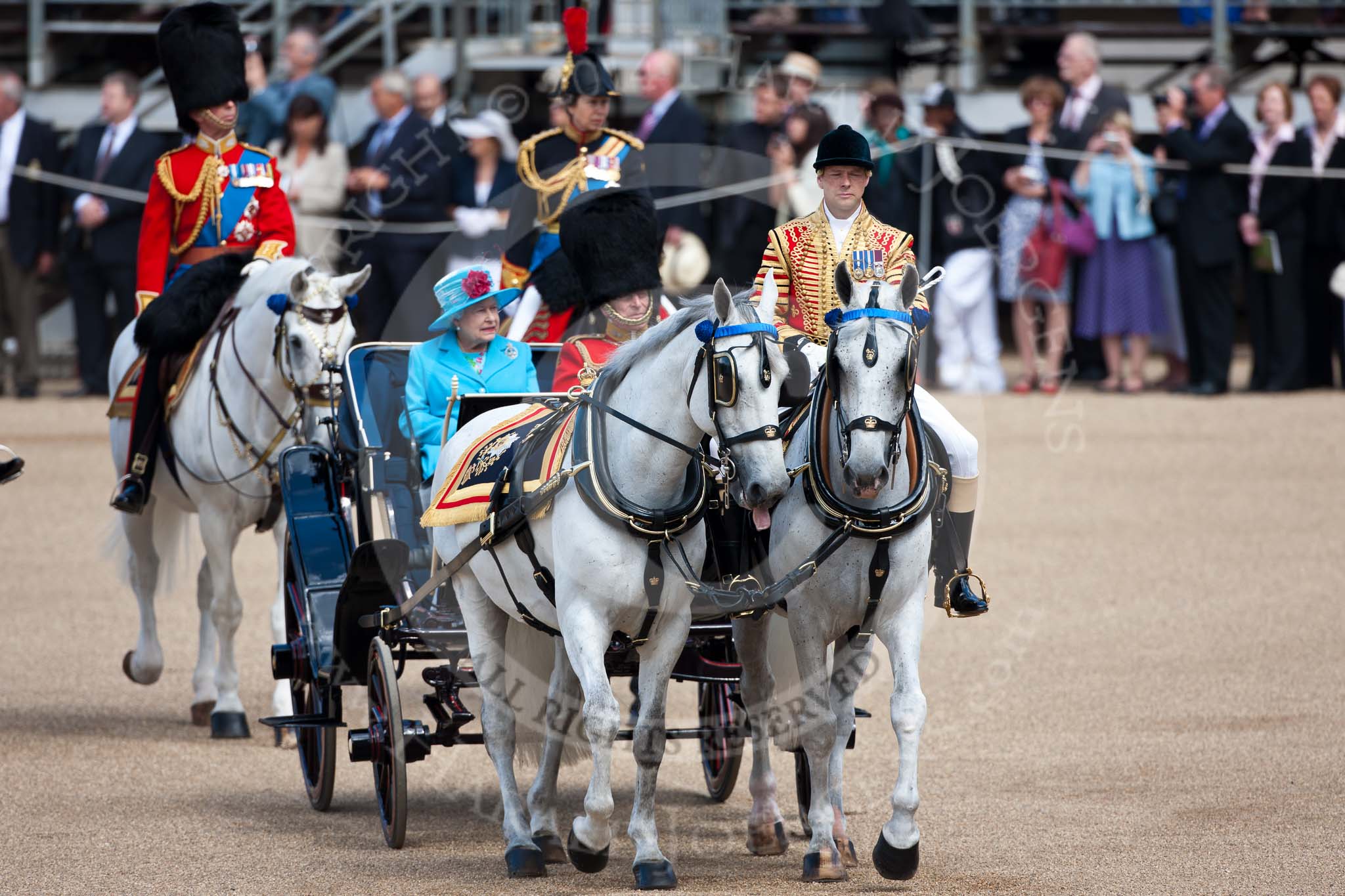 Trooping the Colour 2009: The ivory mounted phaeton with HM The Queen and HRH The Duke of Edinburgh on horse guards parade, riding one of the the Windsor Grey horses head coachman Jack Hargreaves. Behind the Royal Colonels, on the left HRH Prince Edward, The Duke of Kent, to his left HRH Princess Anne, The Princess Royal..
Horse Guards Parade, Westminster,
London SW1,

United Kingdom,
on 13 June 2009 at 10:58, image #122