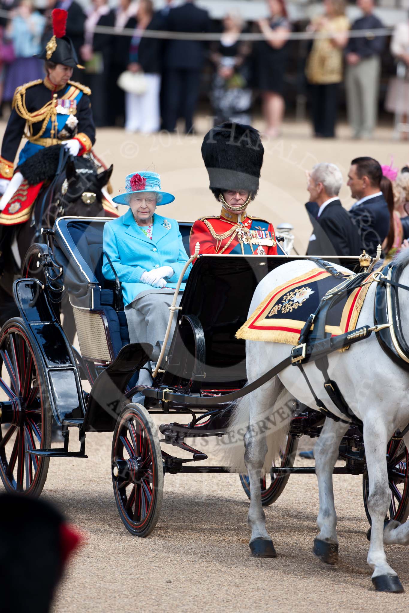 Trooping the Colour 2009: The ivory mounted phaeton with HM The Queen and HRH The Duke of Edinburgh on horse guards parade..
Horse Guards Parade, Westminster,
London SW1,

United Kingdom,
on 13 June 2009 at 10:58, image #123