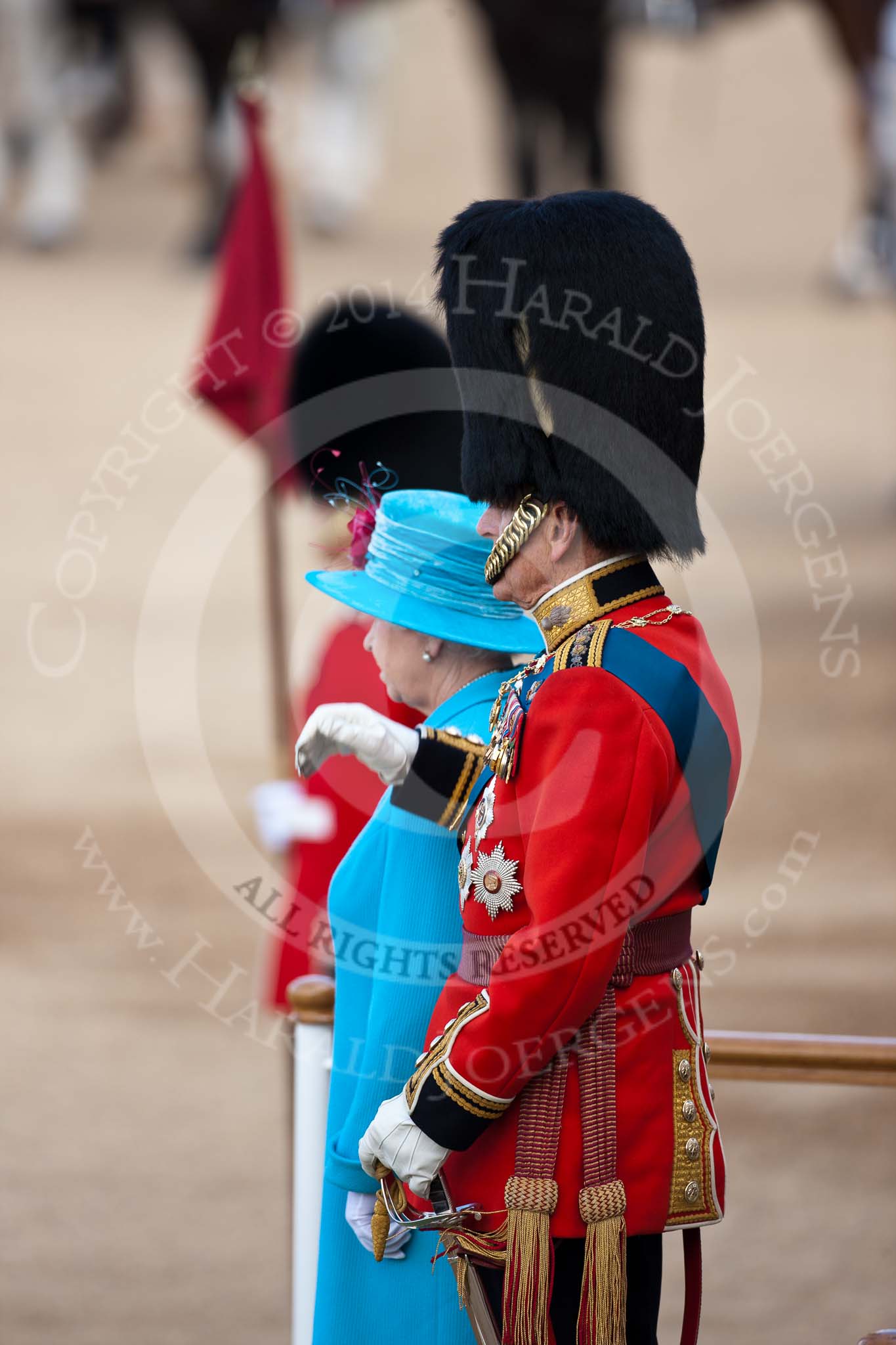 Trooping the Colour 2009: HM The Queen and HRH Prince Philip, The Duke of Edinburgh, standing on the saluting base whilst the National Anthem is played..
Horse Guards Parade, Westminster,
London SW1,

United Kingdom,
on 13 June 2009 at 10:59, image #131