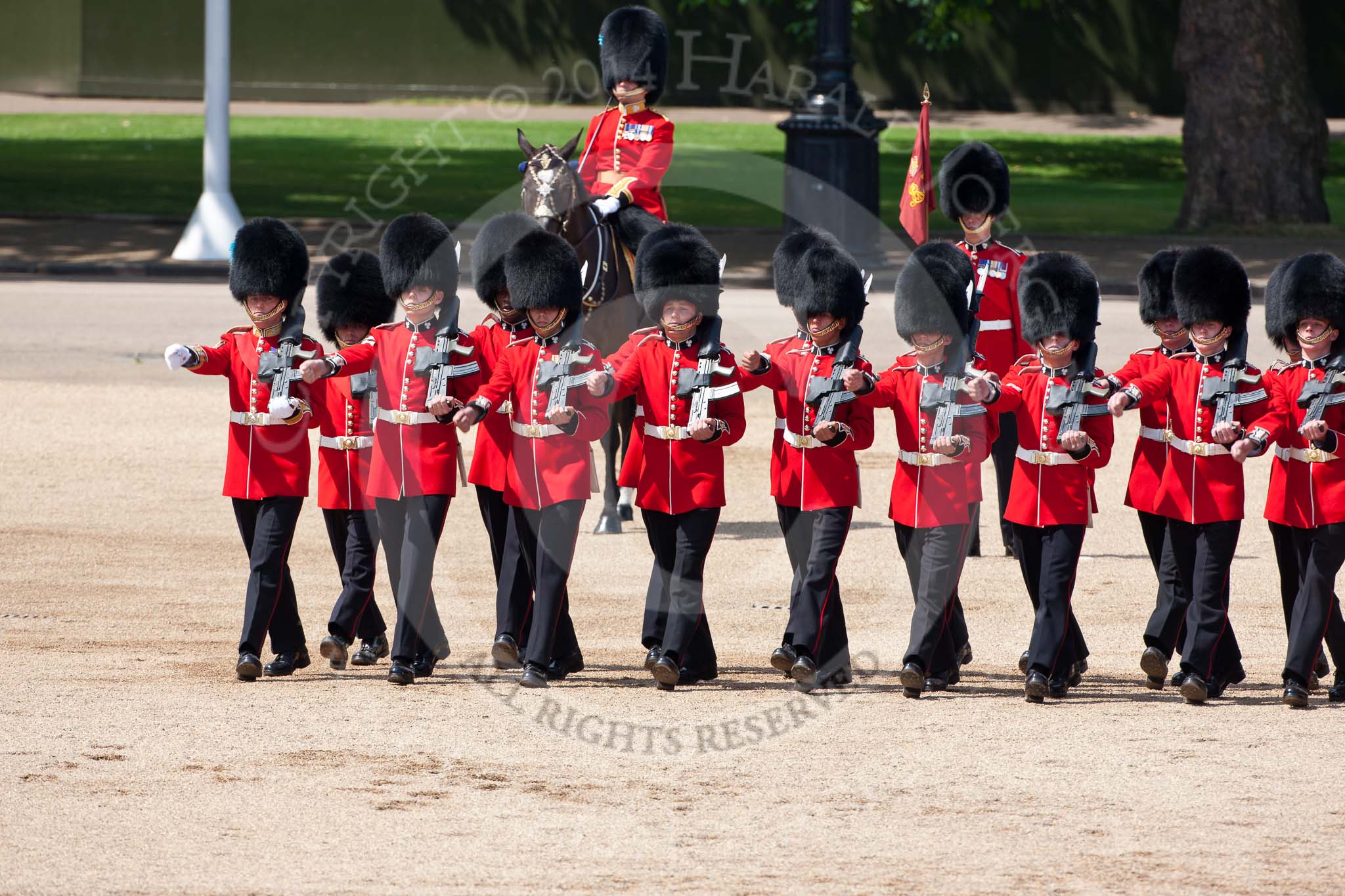 Trooping the Colour 2009: The Escort For the Colour marching forward to receive the Colour. Behind them the Major of the Parade, Major F A D L Roberts..
Horse Guards Parade, Westminster,
London SW1,

United Kingdom,
on 13 June 2009 at 11:17, image #177