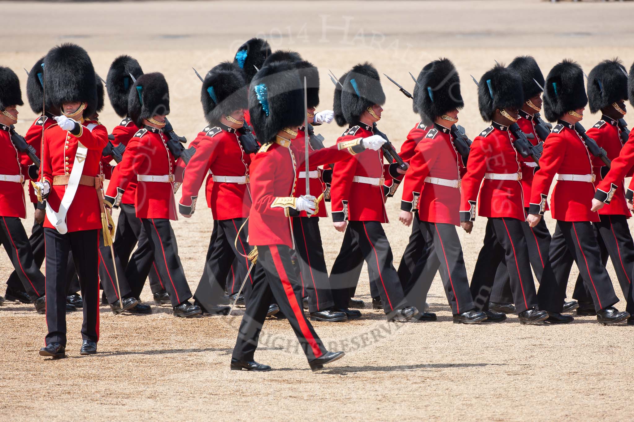 Trooping the Colour 2009: The Escort to the Colour marching forward. In the centre, commanding, Lieutenant P S G O'Gorman, on the left, with the white colour belt, the Ensign, 2nd Lieutenant Andrew Campbell..
Horse Guards Parade, Westminster,
London SW1,

United Kingdom,
on 13 June 2009 at 11:17, image #178