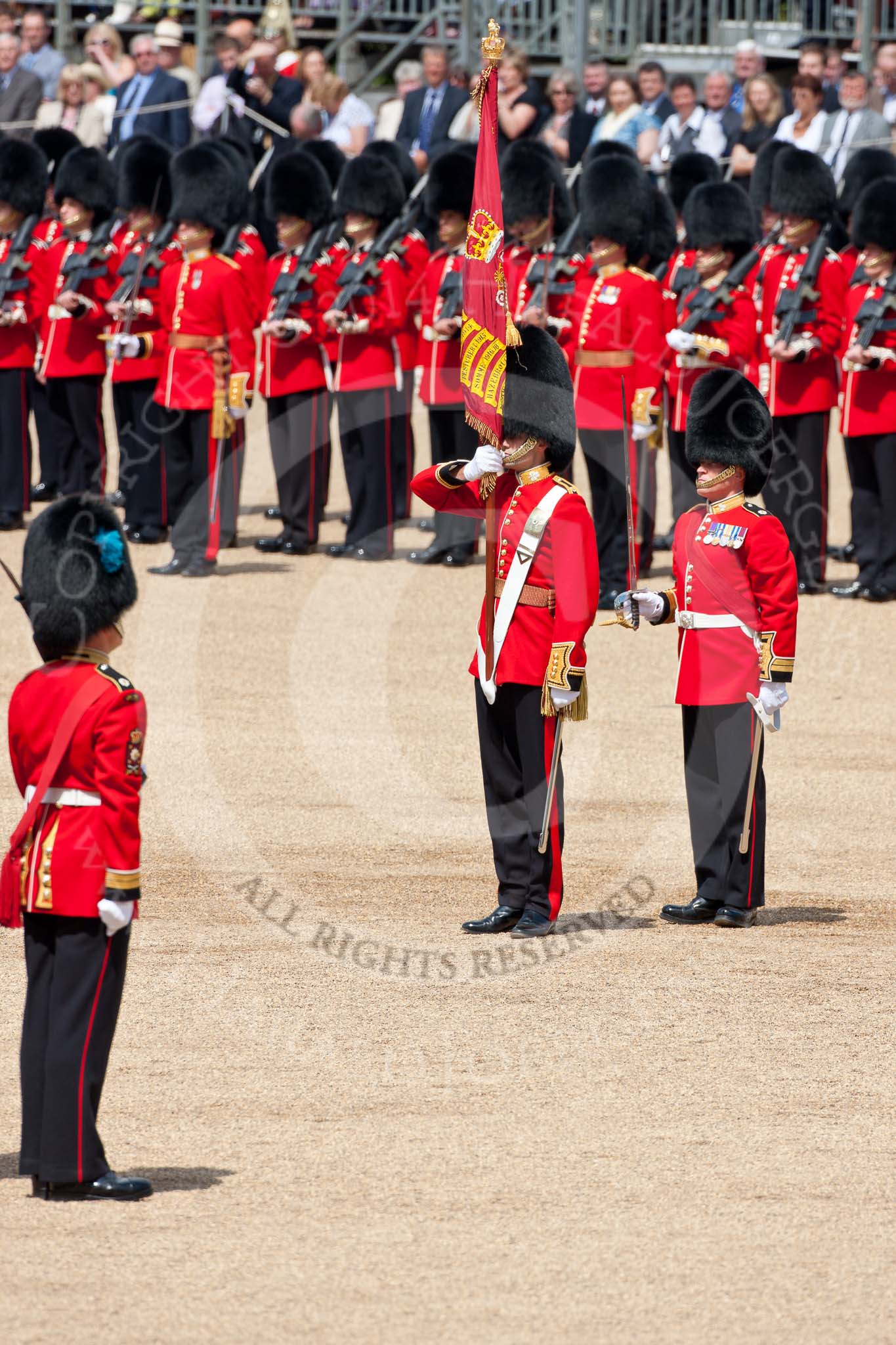 Trooping the Colour 2009: The Escort For the Colour has now become the Escort to the Colour. With the Colour, the Ensign, 2nd Lieutenant Andrew Campbell, on his left the Regimental Sergeant Major, WO1 Ross Martin..
Horse Guards Parade, Westminster,
London SW1,

United Kingdom,
on 13 June 2009 at 11:21, image #188