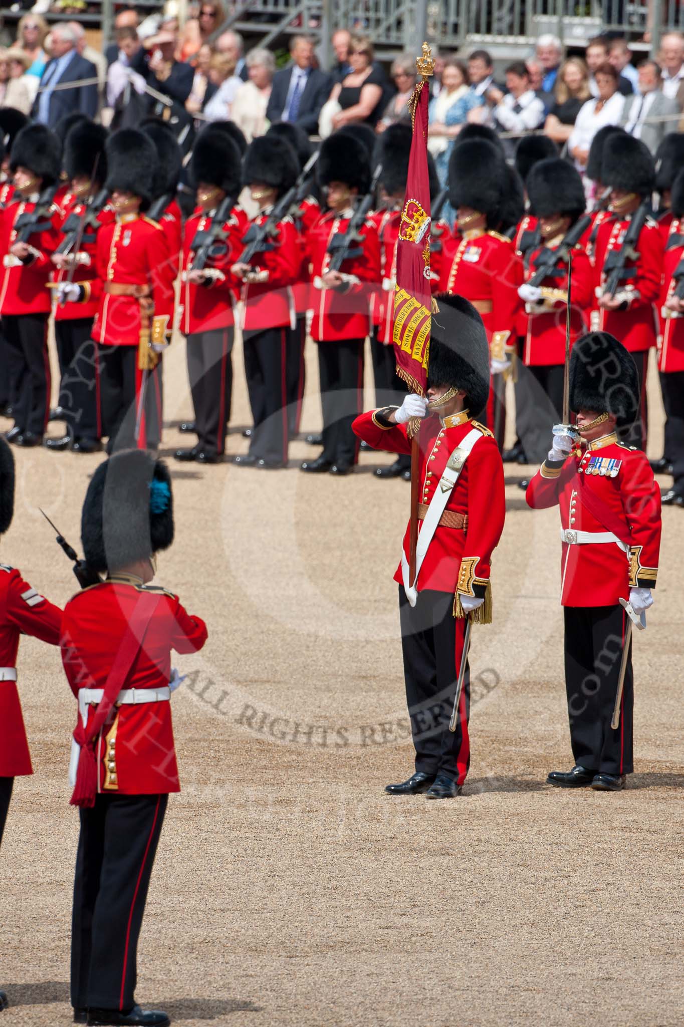 Trooping the Colour 2009: The Escort For the Colour has now become the Escort to the Colour. With the Colour, the Ensign, 2nd Lieutenant Andrew Campbell, on his left the Regimental Sergeant Major, WO1 Ross Martin..
Horse Guards Parade, Westminster,
London SW1,

United Kingdom,
on 13 June 2009 at 11:21, image #191