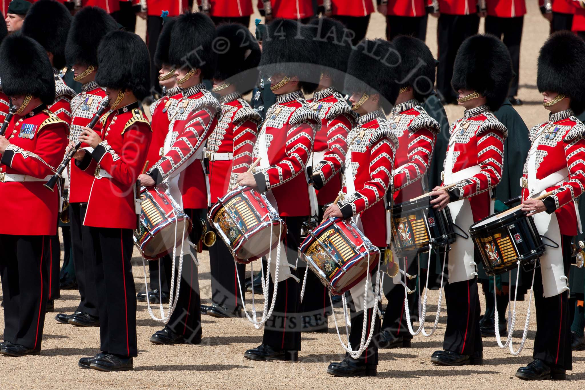 Trooping the Colour 2009: The Band of the Coldstrea Guards on on the left, and the Drummers of the Band of the Irish Guards, with their colourful drums, on the right..
Horse Guards Parade, Westminster,
London SW1,

United Kingdom,
on 13 June 2009 at 11:24, image #194