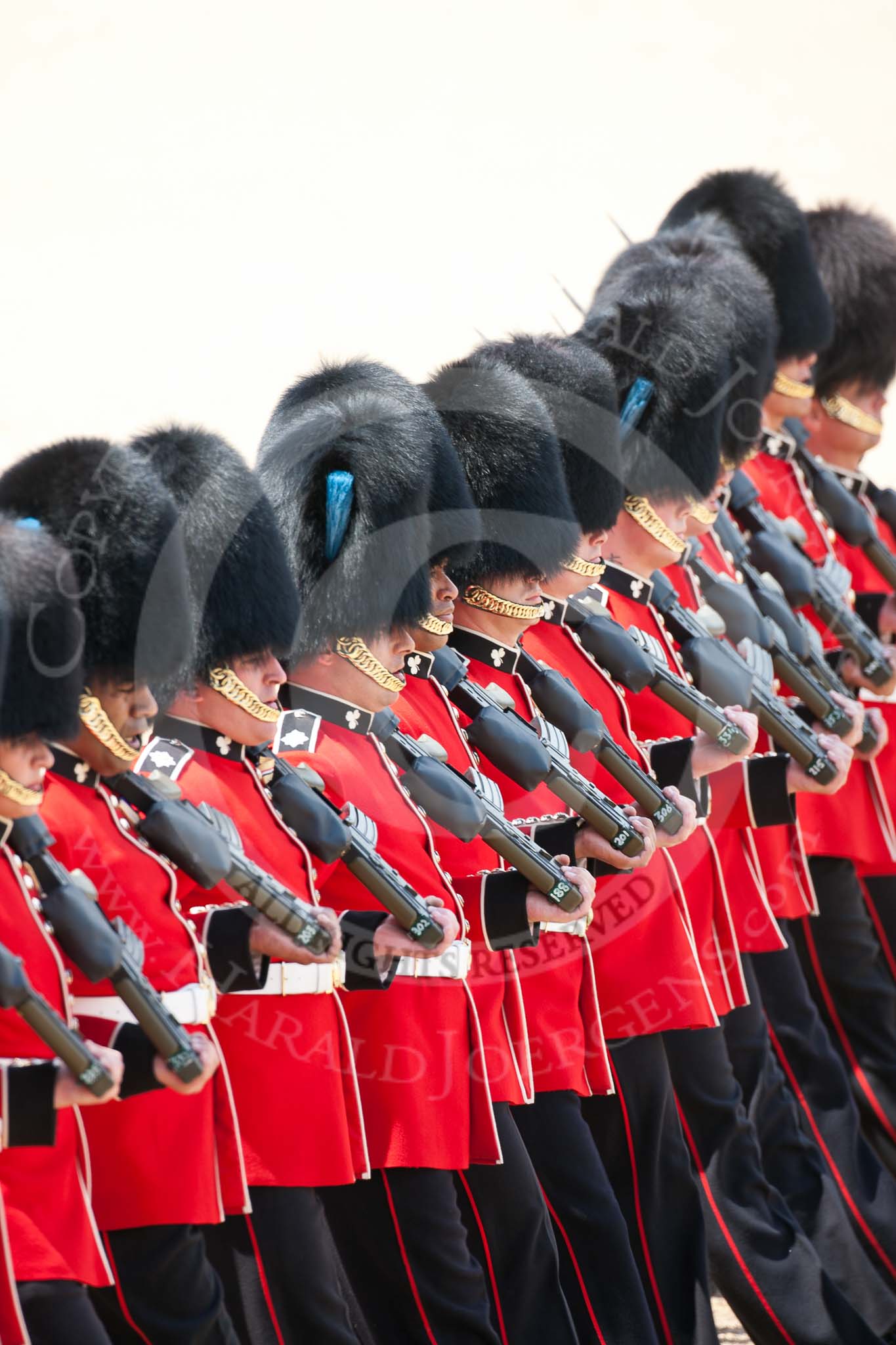 Trooping the Colour 2009: The March Past - a row of guardsmen from the Irish Guards about to march past Her Majesty..
Horse Guards Parade, Westminster,
London SW1,

United Kingdom,
on 13 June 2009 at 11:46, image #221