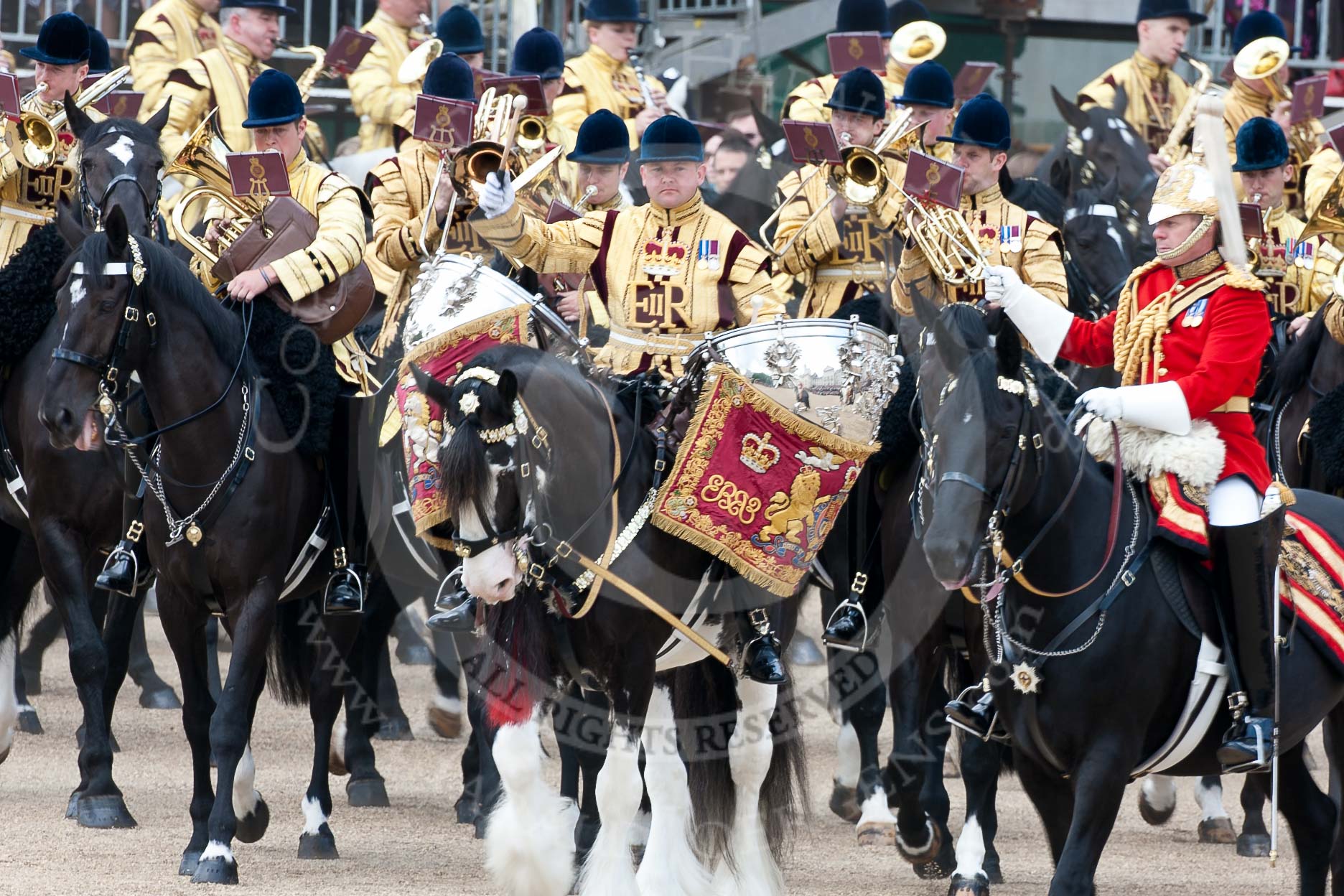 Trooping the Colour 2009: The Director of Music, Captain K Davies, is leading the the Mounted Bands of the Household Cavalry during the Ride Past. Next to him one of the two kettle drummers..
Horse Guards Parade, Westminster,
London SW1,

United Kingdom,
on 13 June 2009 at 11:53, image #226