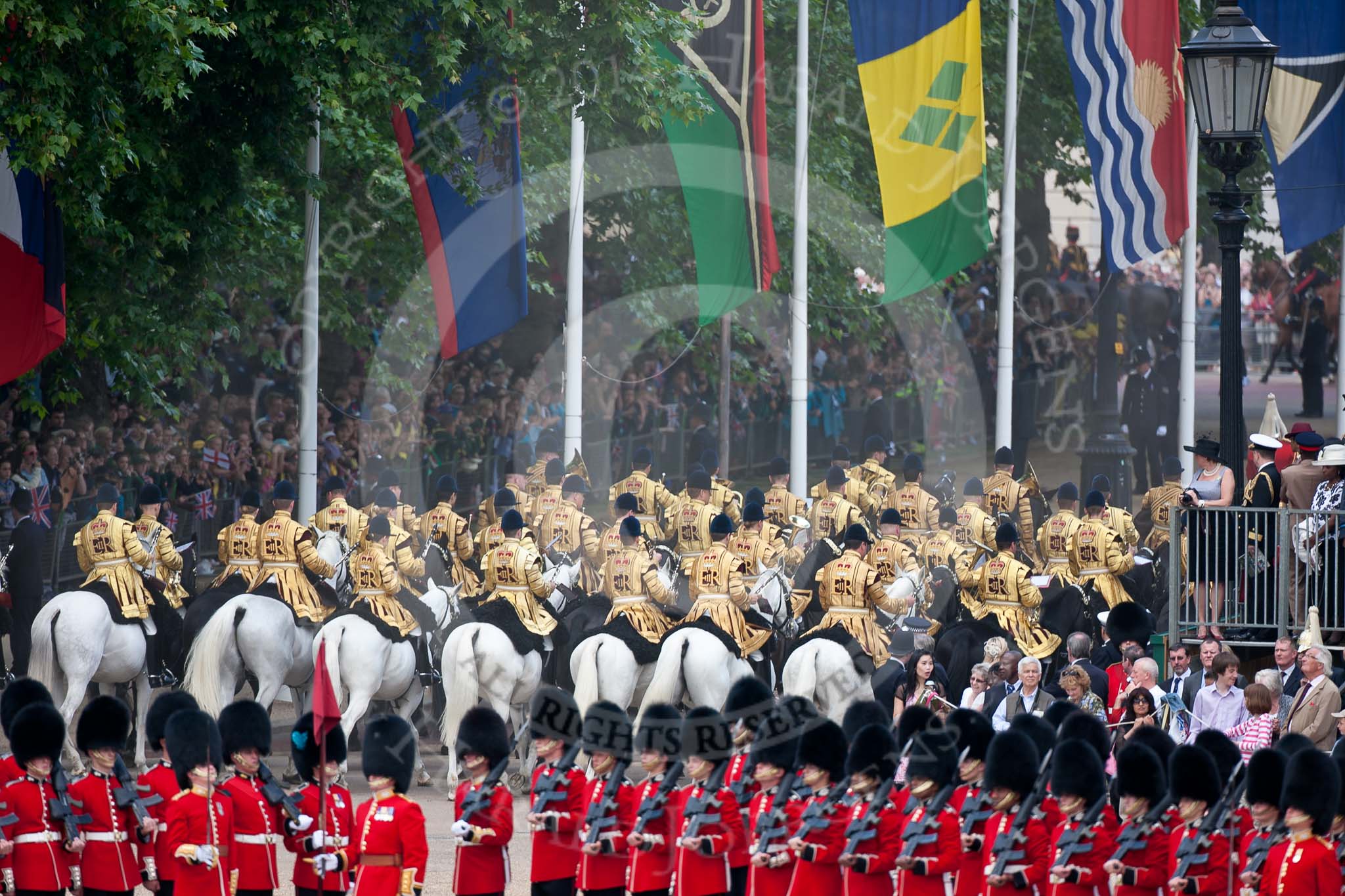 Trooping the Colour 2009: March Off - the Mounted Bands of the Household Cavalry on their way towards The Mall, passing No. 5 and No. 6 Guard..
Horse Guards Parade, Westminster,
London SW1,

United Kingdom,
on 13 June 2009 at 12:05, image #247