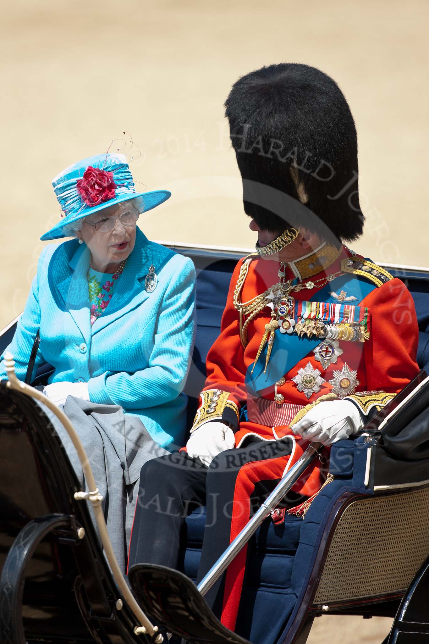 Trooping the Colour 2009: After the parade back in the ivory mounted phaeton - HM The Queen and HRH Prince Philip, The Duke of Edinburgh..
Horse Guards Parade, Westminster,
London SW1,

United Kingdom,
on 13 June 2009 at 12:11, image #258