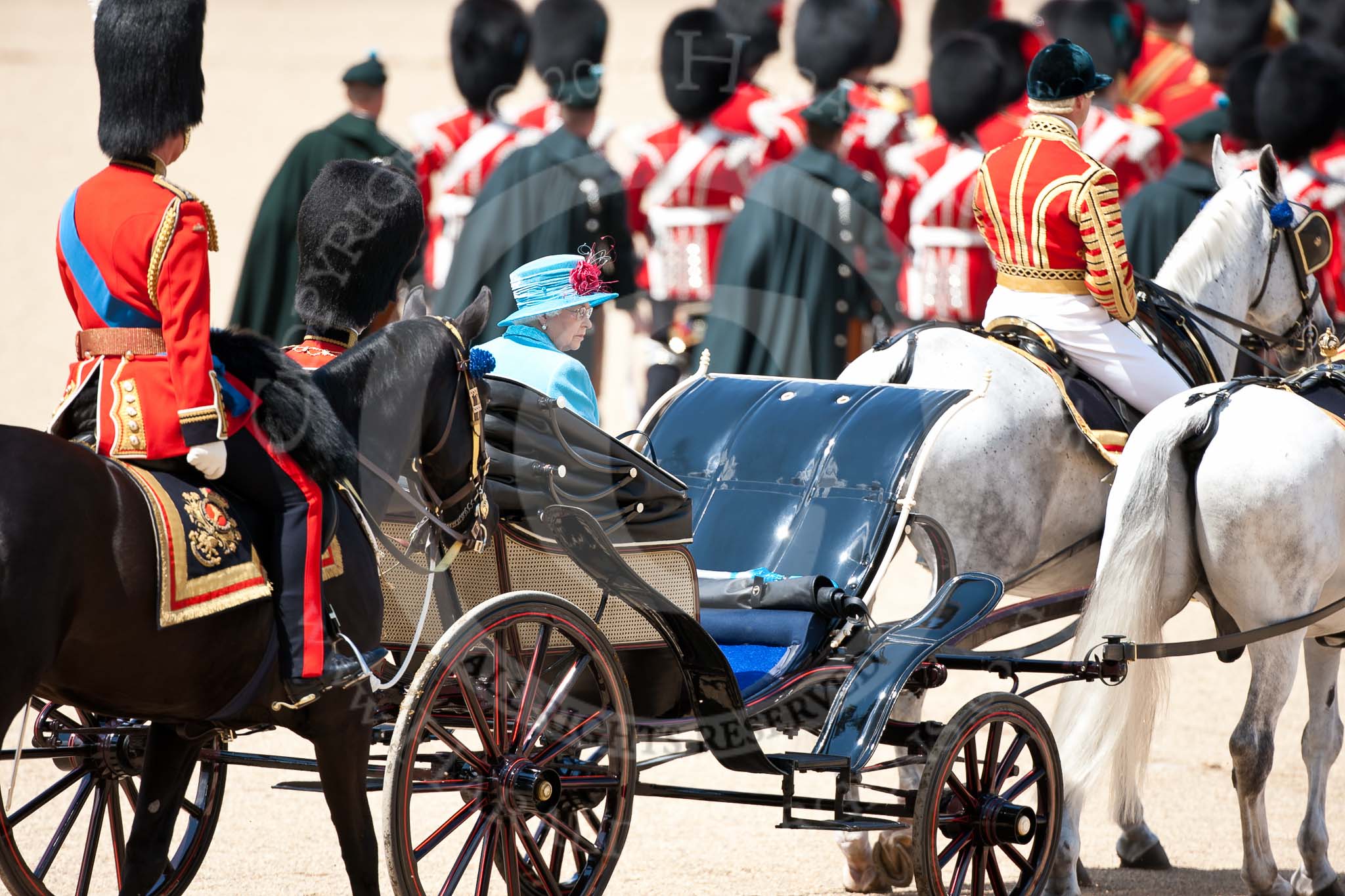 Trooping the Colour 2009: March Off - the ivory mounted phaeton with HM The Queen and HRH Prince Philip, The Duke of Edinburgh, leaving Horse Guards Parade, followed by the Royal Colonels, here HRH Prince Charles, The Prince of Wales..
Horse Guards Parade, Westminster,
London SW1,

United Kingdom,
on 13 June 2009 at 12:12, image #262