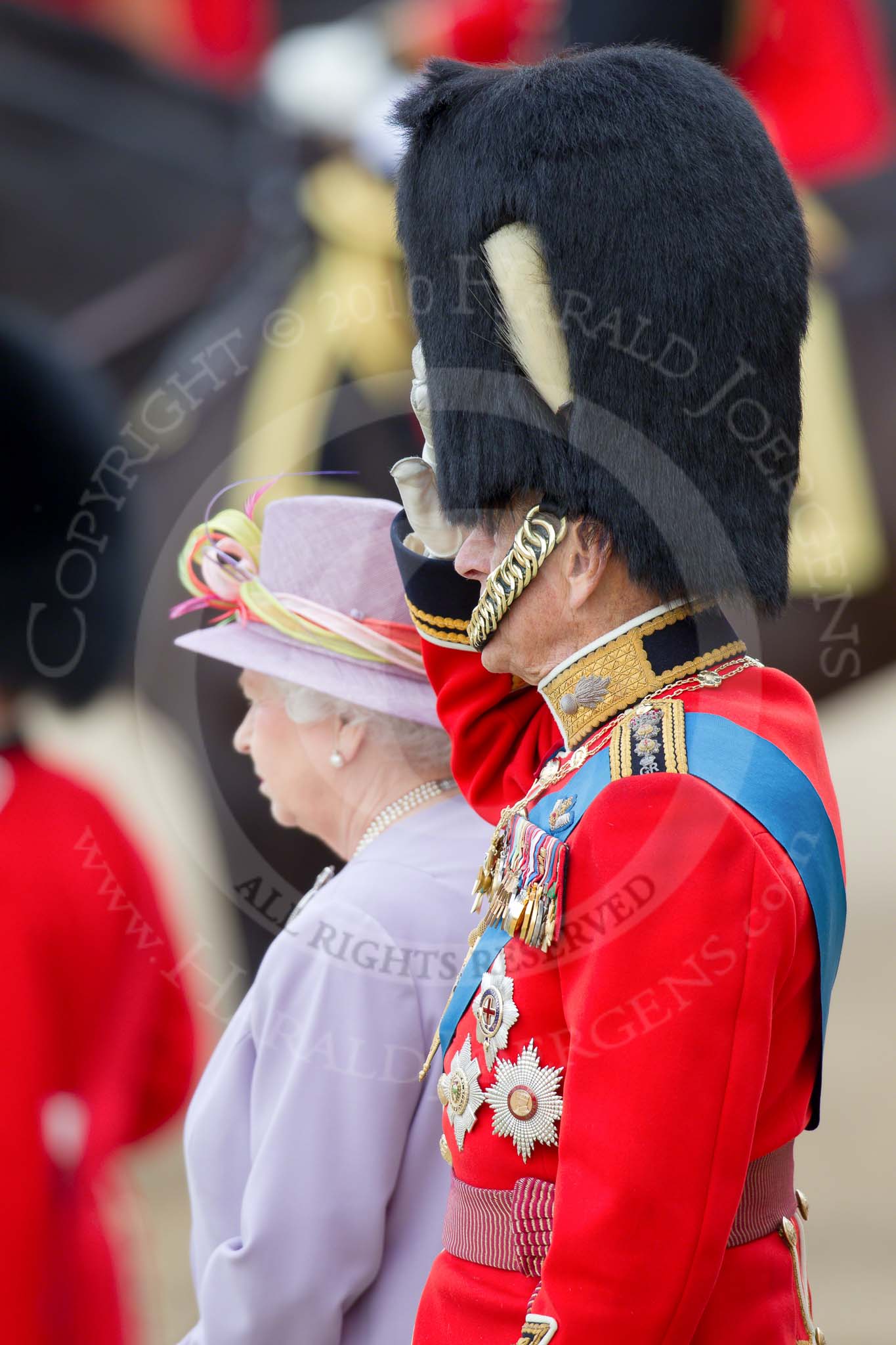 Trooping the Colour 2010: Queen Elizabeth II and The Prince Philip standing on the dais from where they will follow the parade. In the background one of the horses of the Royal procession.

In 58 years, The Queen has attended every single parade, except 1955, when there was a national rail strike..
Horse Guards Parade, Westminster,
London SW1,
Greater London,
United Kingdom,
on 12 June 2010 at 11:00, image #68