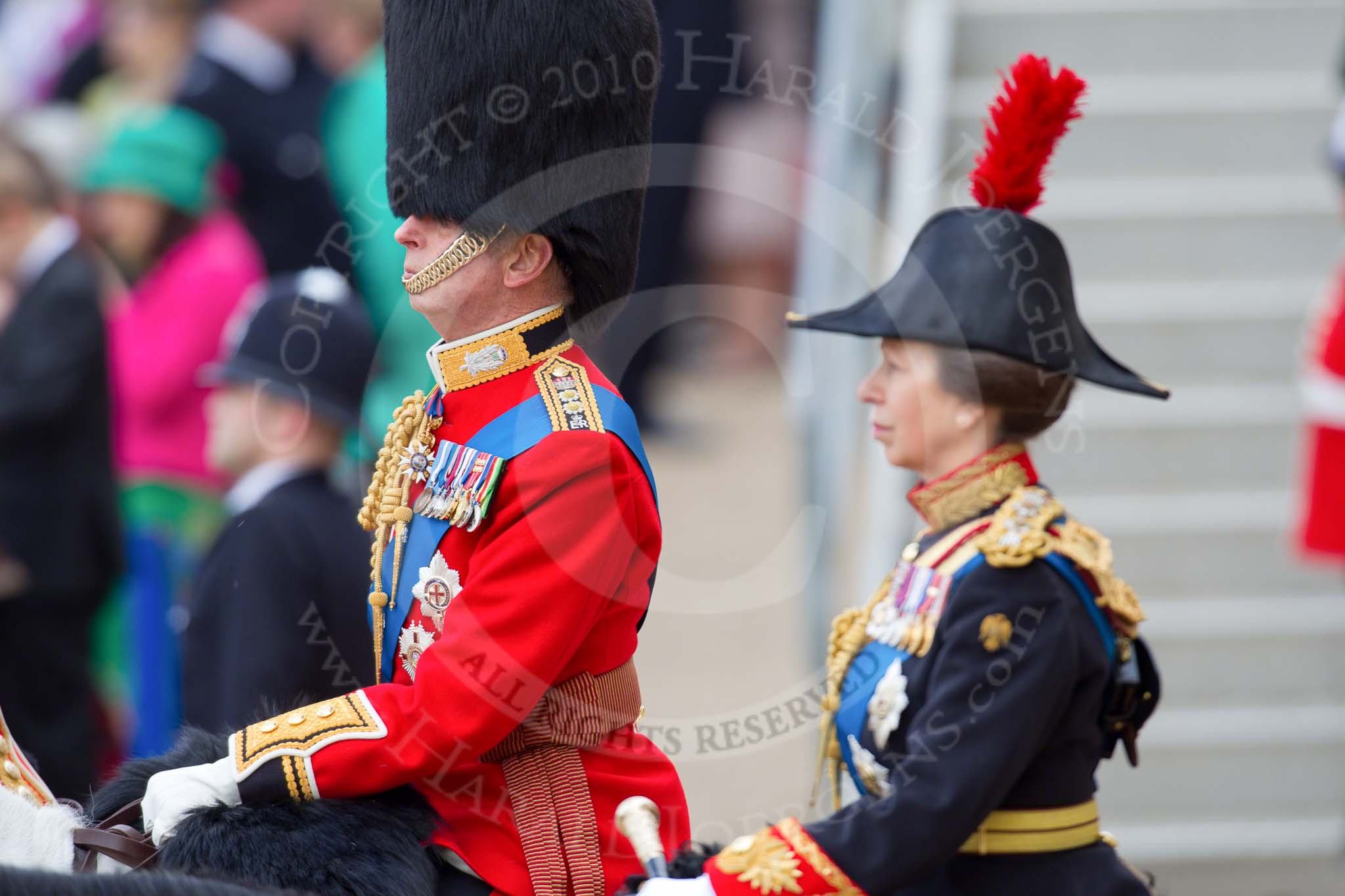 Trooping the Colour 2010: Prince Edward, Duke of Kent and Colonel of the Scots Guards, and the Princess Royal, Anne, only daughter of Queen Elizabeth II and Prince Philip, Duke of Edinburgh and Colonel of the Blues and Royals, attending the parade as Royal Colonels..
Horse Guards Parade, Westminster,
London SW1,
Greater London,
United Kingdom,
on 12 June 2010 at 11:01, image #70