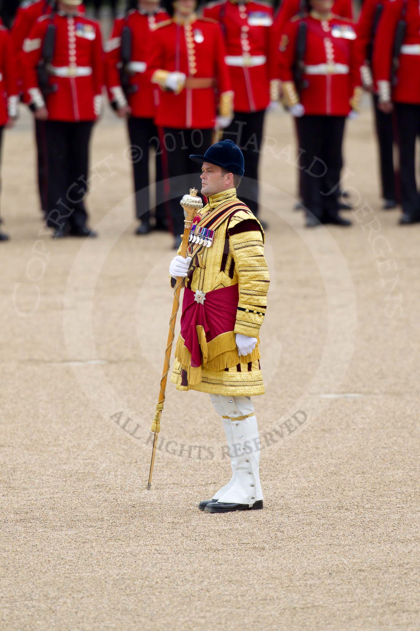 Trooping the Colour 2010: Drum Major Ben Roberts of the Coldstream Guards during the &quot;Massed Bands Troop&quot;..
Horse Guards Parade, Westminster,
London SW1,
Greater London,
United Kingdom,
on 12 June 2010 at 11:11, image #108