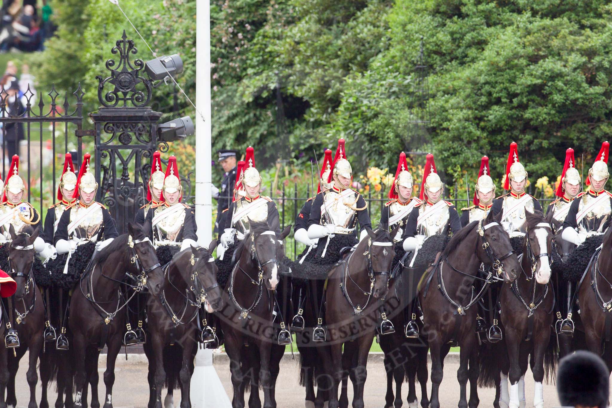 Trooping the Colour 2010: The First and Second Division of the Sovereign's Escort, Blues and Royals of the Household Cavalry, in front of St. James's Park, on the western side of the parade ground..
Horse Guards Parade, Westminster,
London SW1,
Greater London,
United Kingdom,
on 12 June 2010 at 11:34, image #136