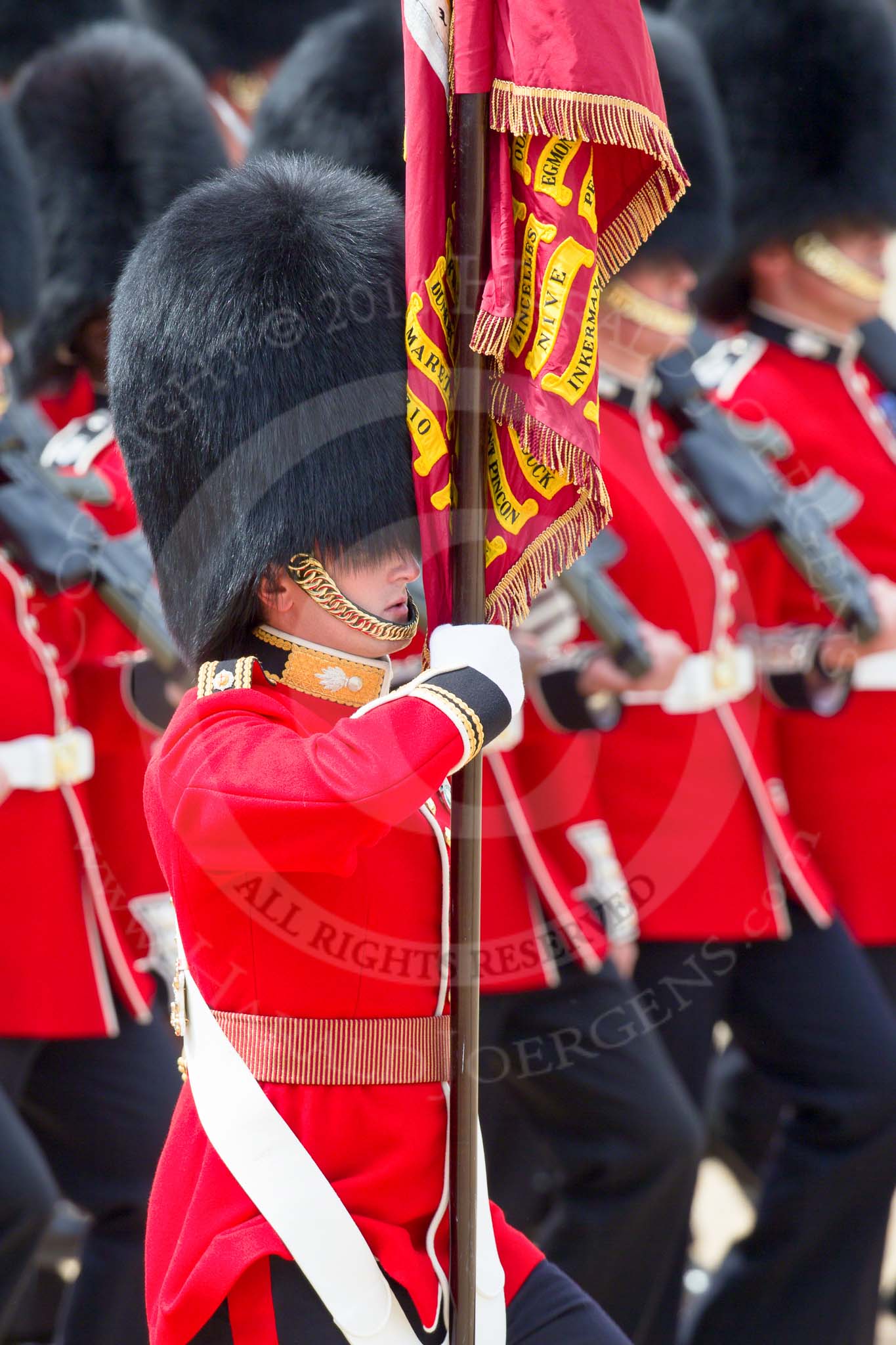 Trooping the Colour 2010: The Ensign to the Colour, 2nd Lieutenant James Brown, 1st Battalion Grenadier Guards, is leading 1st Battalion Grenadier Guards, the &quot;Escort to the Colour&quot;, really &quot;trooping&quot; the colour..
Horse Guards Parade, Westminster,
London SW1,
Greater London,
United Kingdom,
on 12 June 2010 at 11:36, image #140