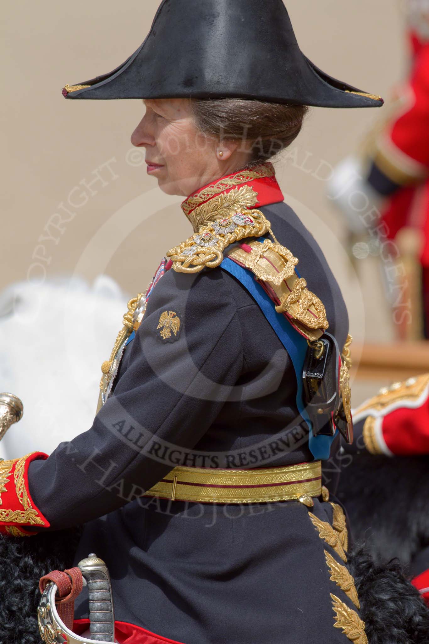 Trooping the Colour 2010: Anne, Princess Royal, only daughter of Queen Elizabeth II and Prince Philip, Duke of Edinburgh and Colonel of the Blues and Royals, attending the parade as Royal Colonels..
Horse Guards Parade, Westminster,
London SW1,
Greater London,
United Kingdom,
on 12 June 2010 at 11:37, image #142