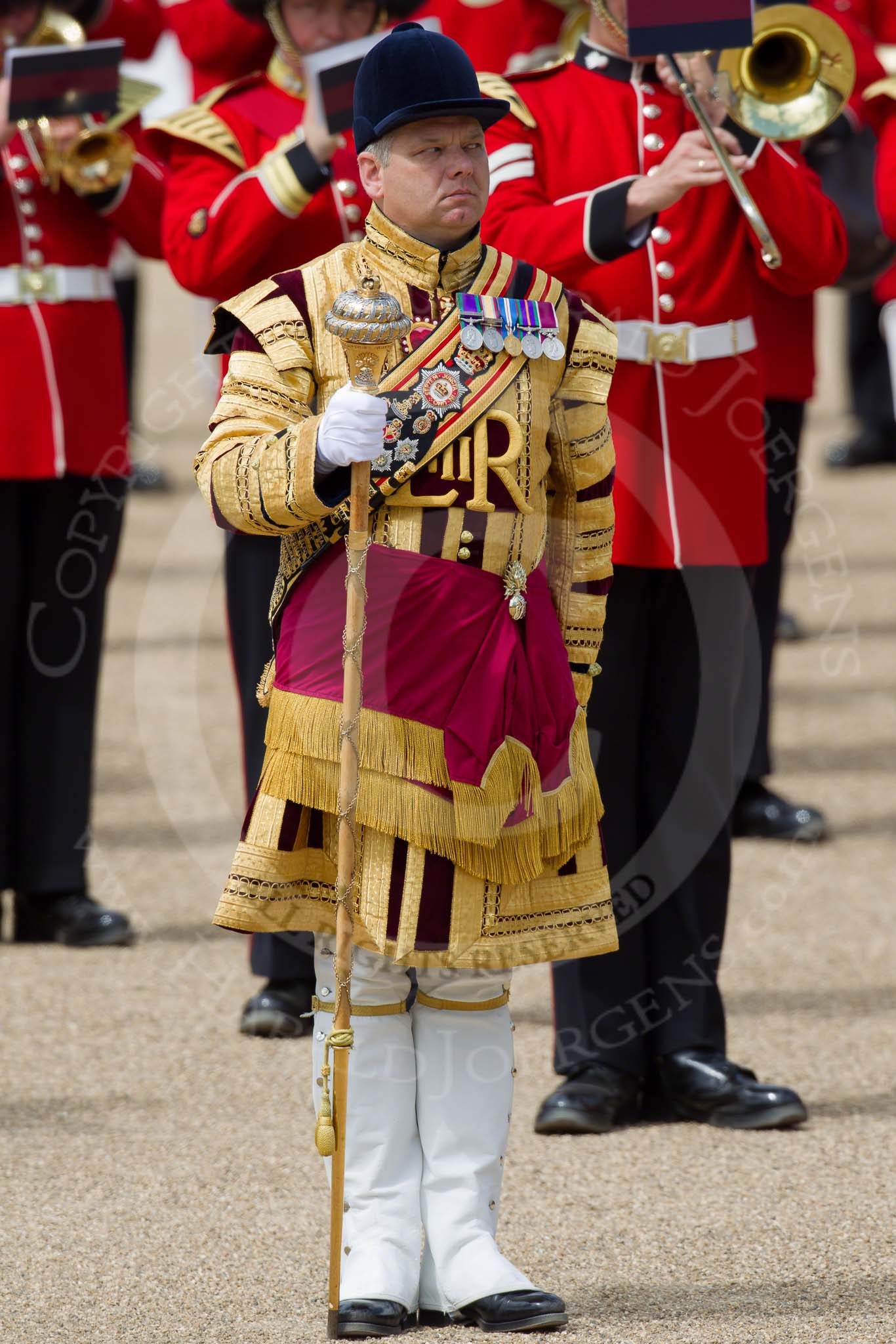 Trooping the Colour 2010: Drum Majors and their bands playing during the March Past by the Foot Guards..
Horse Guards Parade, Westminster,
London SW1,
Greater London,
United Kingdom,
on 12 June 2010 at 11:38, image #144