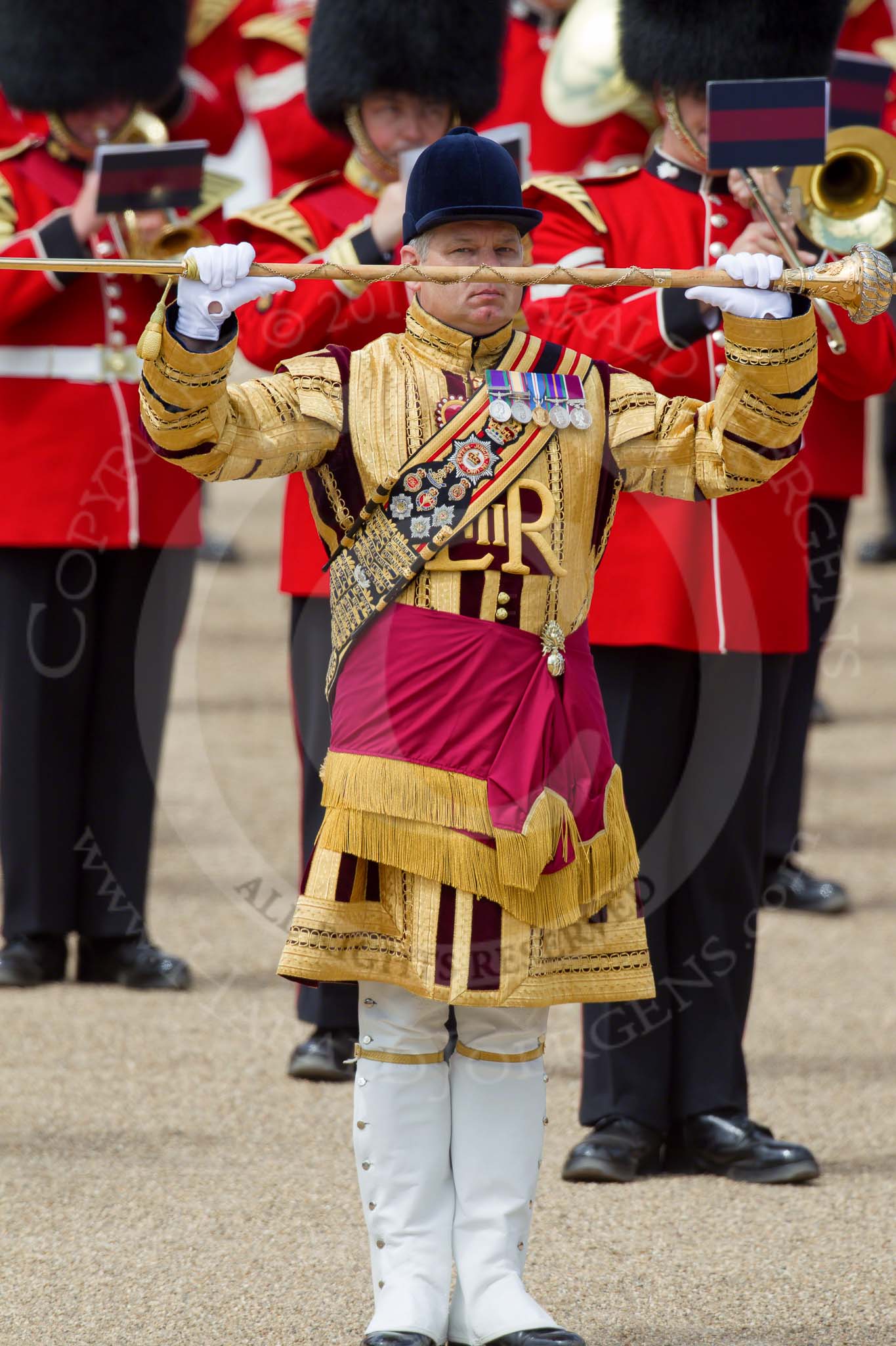 Trooping the Colour 2010: Drum Majors and their bands playing during the March Past by the Foot Guards..
Horse Guards Parade, Westminster,
London SW1,
Greater London,
United Kingdom,
on 12 June 2010 at 11:39, image #147