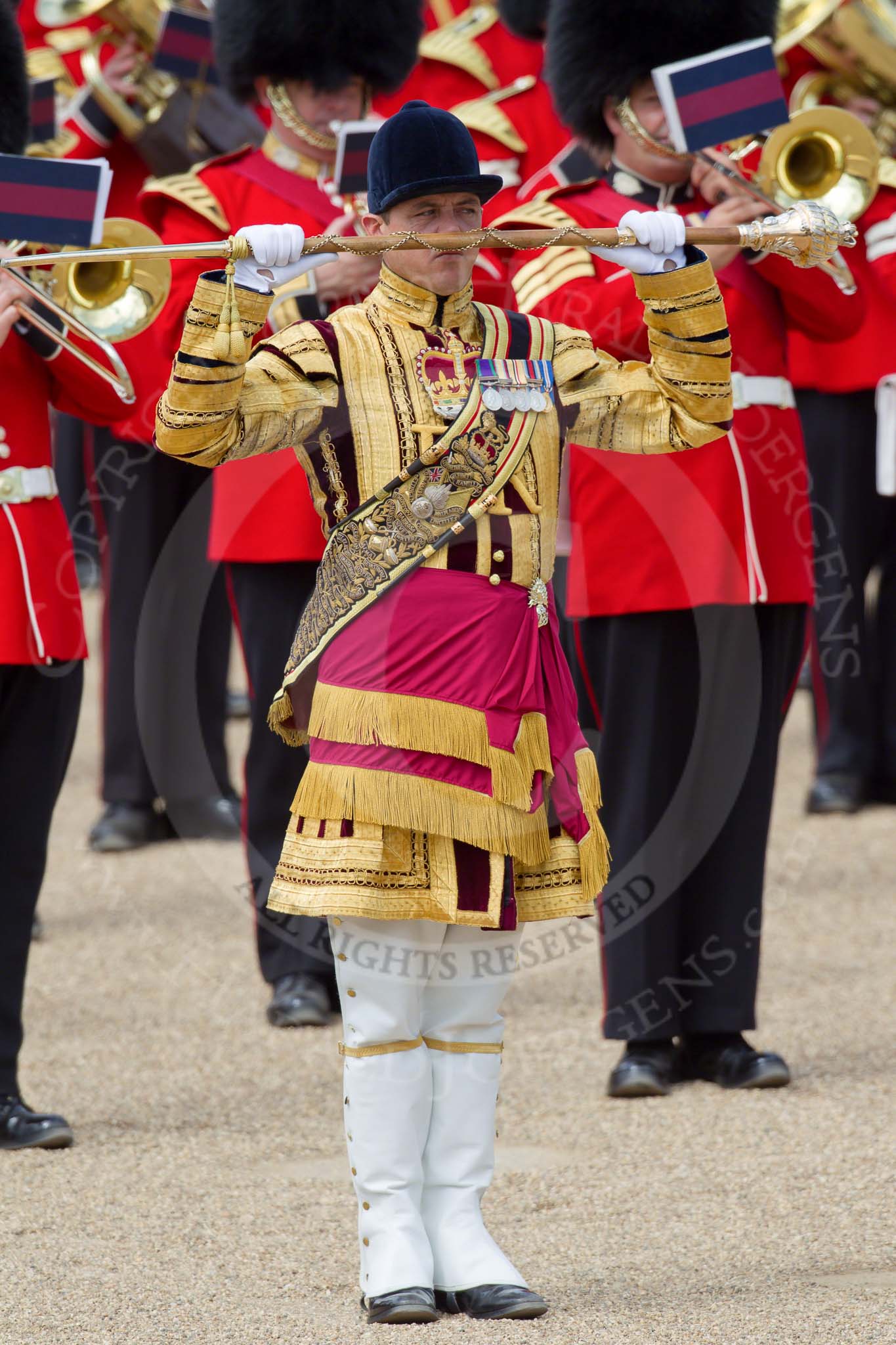 Trooping the Colour 2010: Drum Majors and their bands playing during the March Past by the Foot Guards..
Horse Guards Parade, Westminster,
London SW1,
Greater London,
United Kingdom,
on 12 June 2010 at 11:39, image #149